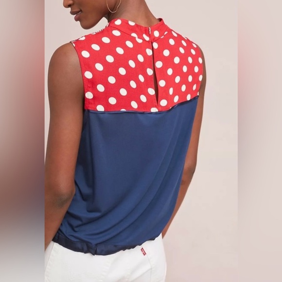 ANTHROPOLOGIE top, mixed fabric, satin ribbon details, red polka dot, navy. - Picture 9 of 10